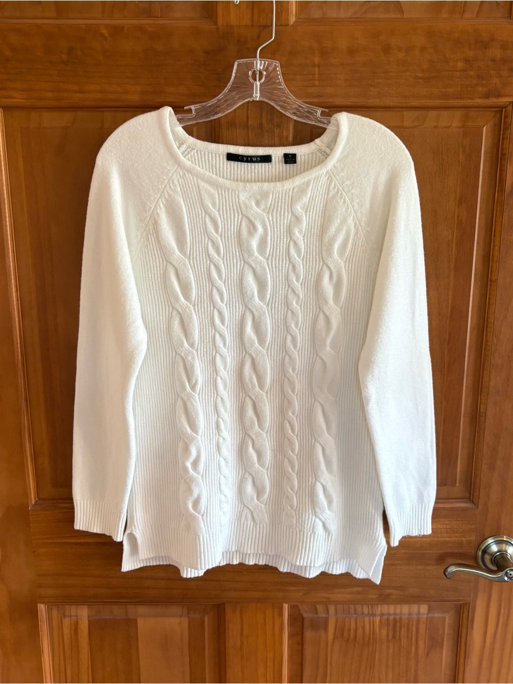 Cyrus Soft White Knit Scoop Neck, Long Sleeves Relaxed Sweater, Women's Size M